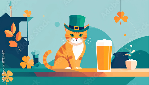 A ginger cat wearing a green hat sits beside a glass of beer, with shamrocks and leaves scattered around