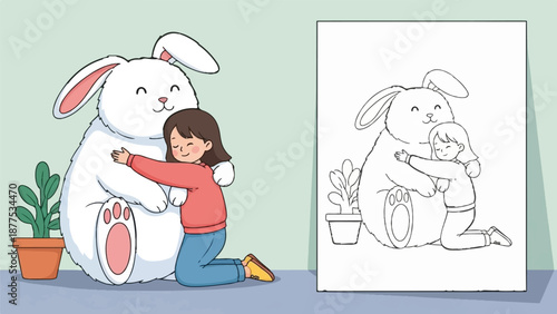 A girl hugs a large bunny, with a potted plant nearby. A coloring page version is also shown