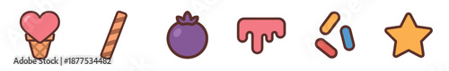 Set of cute cartoon dessert icons including heart-shaped ice cream, a wafer roll, a blueberry, melting icing, colorful sprinkles, and a star, all in a flat vector style
