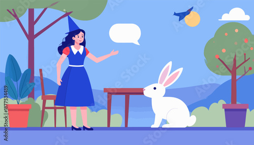 A girl in a blue dress and hat talks to a white rabbit in a serene outdoor setting