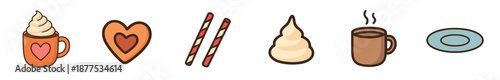 Collection of cute cartoon coffee and dessert icons including mugs with whipped cream, a heart-shaped cookie, wafer sticks, and a saucer, drawn in a simple and cozy illustrative style