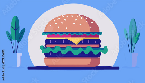 A flat illustration of a large, layered burger with sesame seeds on top, flanked by potted plants
