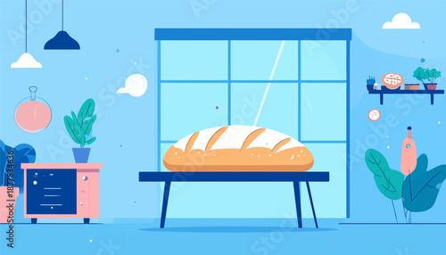 A flat illustration of a loaf of bread on a table in a room with plants and a window