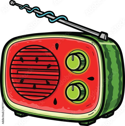 Vintage portable radio disguised as watermelon fruit with antenna for music listening concept