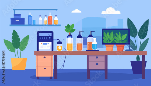 A flat illustration of a science lab desk with beakers, plants, and equipment