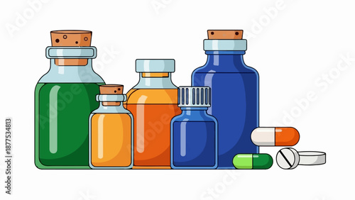 A collection of assorted bottles containing colored liquids, alongside pills and capsules