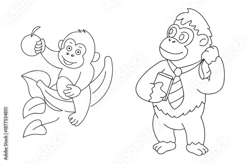 Cute Monkey And Gorilla Cartoon Set, Business Ape Character Design For Coloring Book Pages