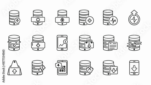A collection of 15 minimalist icons depicting database operations and mobile device interactions