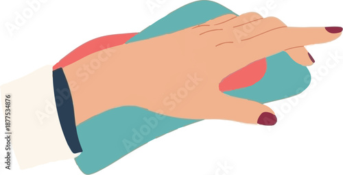A flat illustration shows a hand with painted fingernails pointing forward, surrounded by abstract shapes