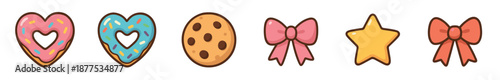 Collection of cute cartoon icons featuring heart-shaped donuts with sprinkles, a chocolate chip cookie, bows, and a star in a sweet kawaii style illustration set