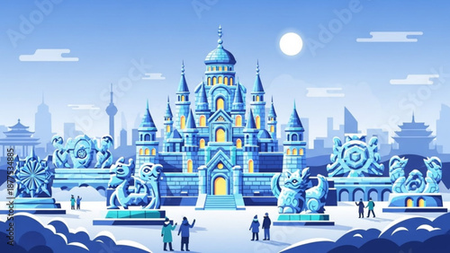 Winter wonderland scene with ice castle sculptures people and city skyline under full moon