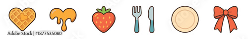 Cute set of cartoon breakfast icons featuring a heart-shaped waffle with butter, dripping syrup, a strawberry, cutlery, a plate, and a red bow for a romantic meal