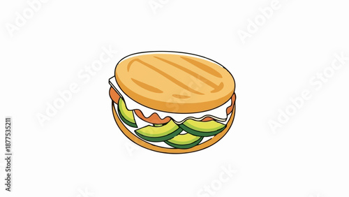 A flat, round sandwich with layered avocado and tomato slices