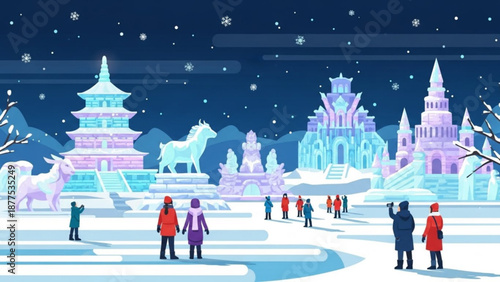 Winter wonderland scene with people admiring ice sculptures and pagodas at night
