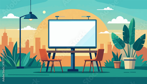 A digital billboard with two chairs and potted plants stands against a city skyline at sunset