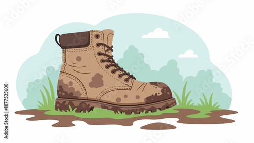 A dirty brown boot rests in a grassy, muddy area under a light blue sky with clouds