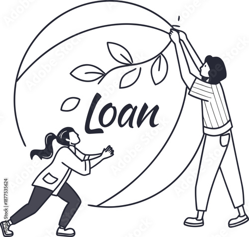Growing Loan : Two figures collaborate to shape the word Loan within a conceptual, tree-like structure, symbolizing financial growth and opportunity. 