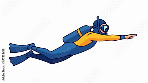 A diver in a blue and yellow suit swims with flippers and a tank