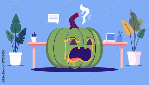A distressed, crying pumpkin sits in an office setting with plants and a laptop