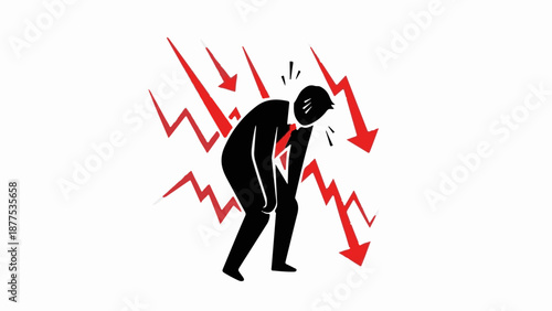 A distressed figure is surrounded by descending red arrows, symbolizing a downturn