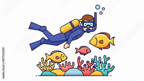 A diver swims among colorful corals and fish, bubbles rise above