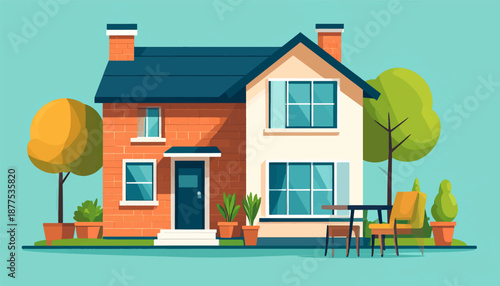 A cozy, colorful cartoon house with a brick and cream exterior, surrounded by trees and outdoor seating