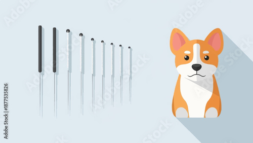 A cute cartoon dog sits near a line of acupuncture needles against a pale blue background