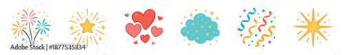 Set of colorful celebration vector icons with fireworks, shining stars, red hearts, and confetti in a festive flat design style for a joyful party or holiday event