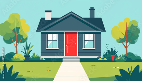 A cozy, dark blue house with a bright red door, flanked by trees and green lawn