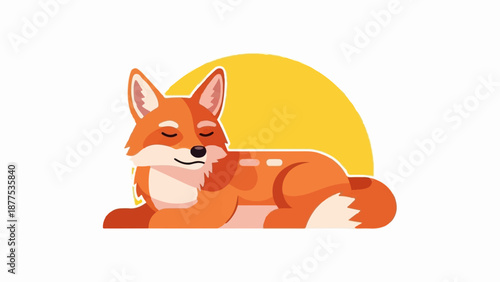 A cute cartoon fox rests peacefully against a bright yellow circle, its eyes closed in slumber
