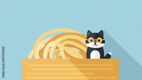 A cute cartoon dog wearing glasses sits next to a large bowl of spaghetti