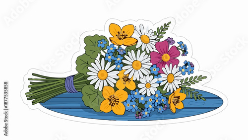 A colorful assortment of wildflowers and green leaves tied with a purple ribbon, presented on a blue wooden surface