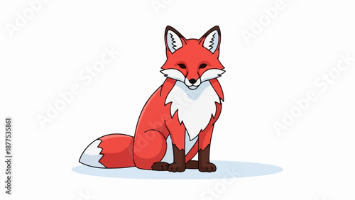 A cute cartoon fox with orange fur, white chest, and bushy tail sits on a light blue ground