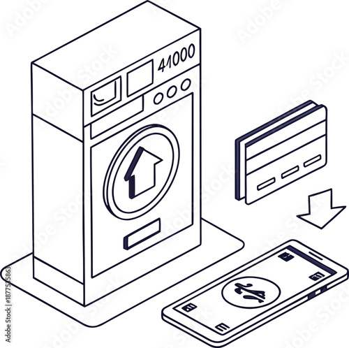Modern Laundry: A minimalist illustration of a washing machine, payment card, and smartphone, representing the convergence of technology and convenience in everyday tasks.