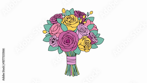 A colorful bouquet of roses with green leaves and a pink ribbon tied around the stems