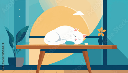 A cozy domestic scene shows a white cat napping peacefully on a wooden table by a window with a large sun