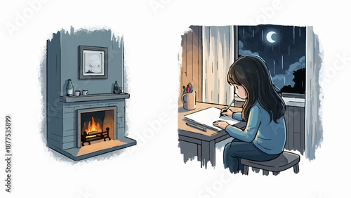 A cozy indoor scene with a fireplace on the left and a child drawing by a window on a rainy night