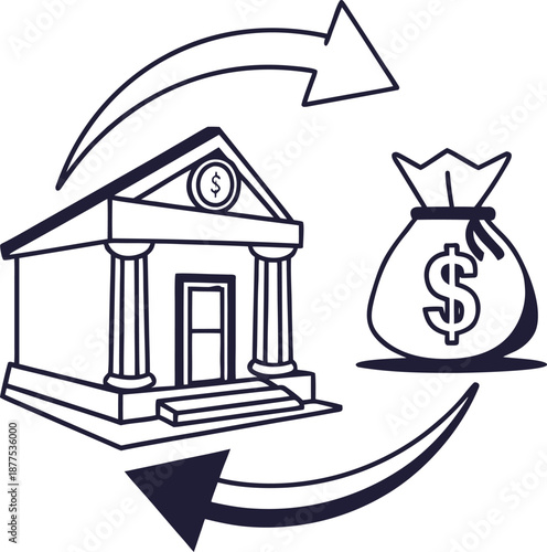 Financial Cycle: A conceptual graphic symbolizing the continuous flow of finances, representing money exchange between a financial institution and the circulation of capital. 