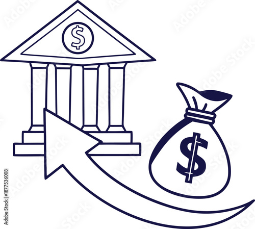 Financial Exchange: An artistic depiction of financial transactions, where a money bag is directed towards a banking institution, symbolizing monetary flow.