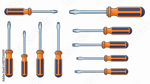 A collection of various sized screwdrivers with orange and blue handles, arranged in two columns