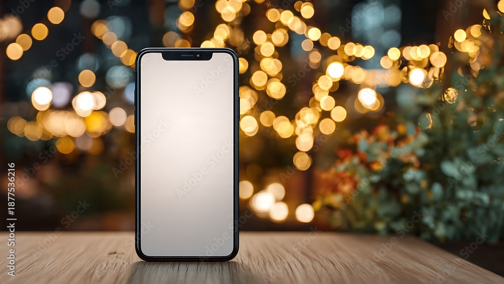 © Jessika Cahya - Smartphone with blank screen on a wooden table at night with bokeh lights. © Jessika Cahya - Smartphone with blank screen on a wooden table at night with bokeh lights.