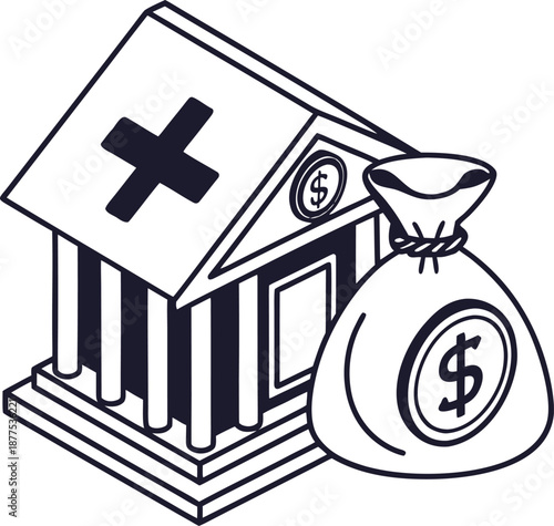 Healthcare Funding Illustration: A symbolic illustration depicting a healthcare building alongside a money bag, representing the financial aspects and funding of medical institutions.