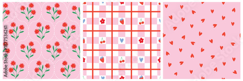 Romantic seamless patterns with hand-drawn flowers, hearts, cherries, and checkered backgrounds in pink and red, ideal for Valentine’s, fabric, gift wrap, scrapbooks, template backdrop, kids prints.