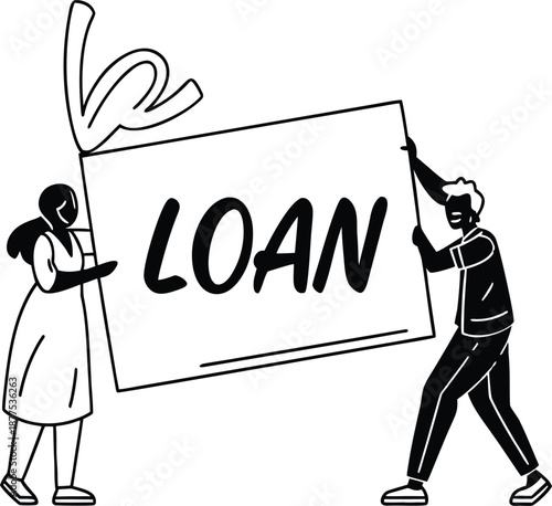 Financial Agreement: A stylized illustration presents a loan agreement, with two individuals holding a large sign, symbolizing financial transactions and opportunities. 