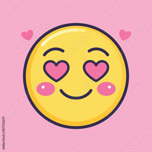 Cute yellow smiley face with heart eyes on pink background smiling sweetly with blush cheeks and hearts