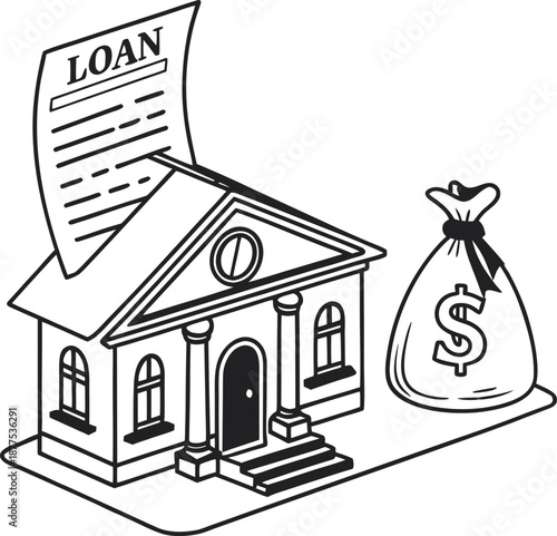 Bank Loan Illustration: A stylized illustration depicting a bank, with a loan document emerging, and a bag of money, symbolizing financial transactions and opportunities.