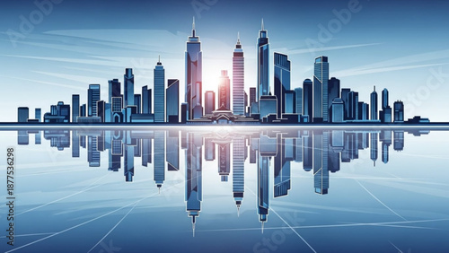 City skyline with skyscrapers reflecting in water at sunrise or sunset modern urban landscape with sleek high rise buildings