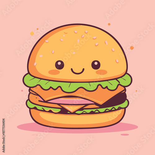 Cute cartoon hamburger with smiling face on pink background illustration