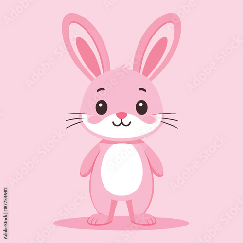 Cute cartoon pink bunny standing on pink background with big eyes and smiling face happily