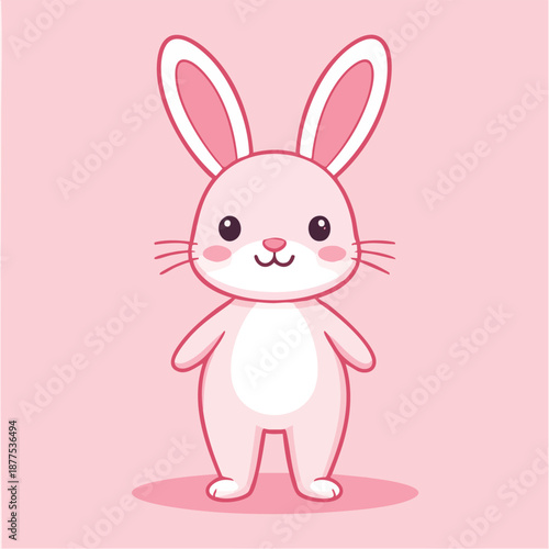 Cute pink cartoon bunny standing on pink background with big ears and sweet expression